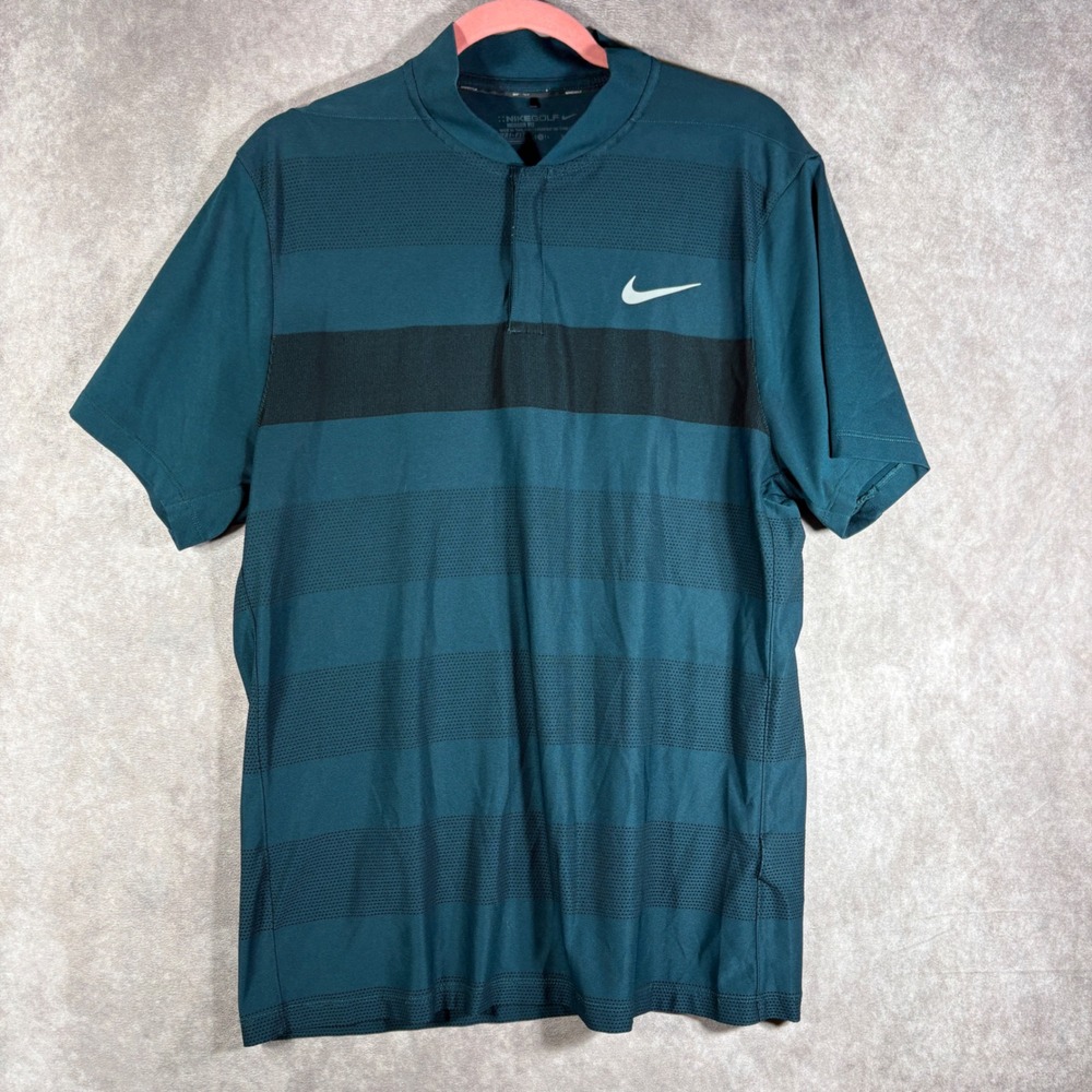 Nike Golf Shirt Mens Size Large Teal 802830-346 Modern Fit Dri-Fit Striped Polo